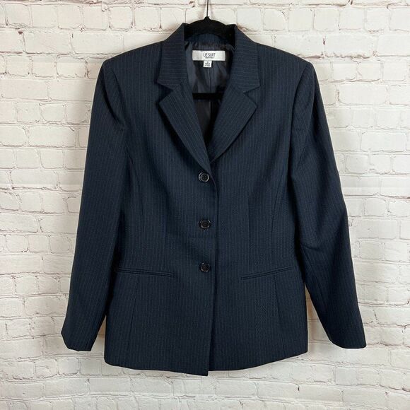 LE SUIT blue gray striped collared button classic elegant jacket blazer size 10 - Picture 1 of 7